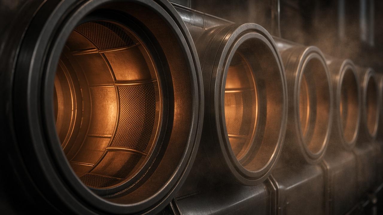 Row of commercial dryer drum openings with a warm heat glow.