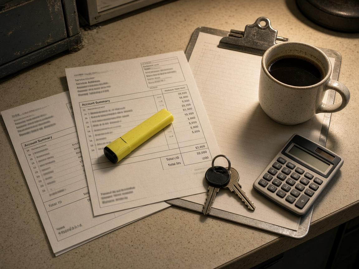 Utility bills, a clipboard, and a calculator on a laundromat office counter.