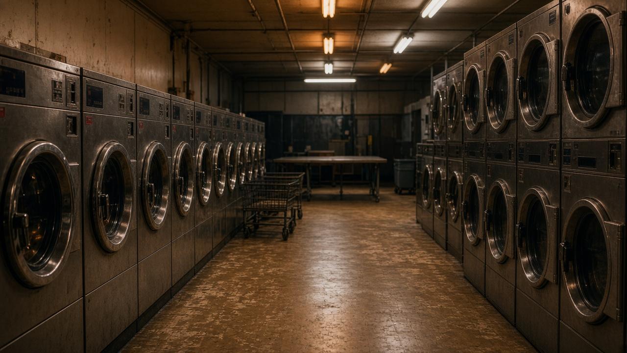 Empty late-night coin laundromat aisle with rows of stainless washers and dryers under warm lights.