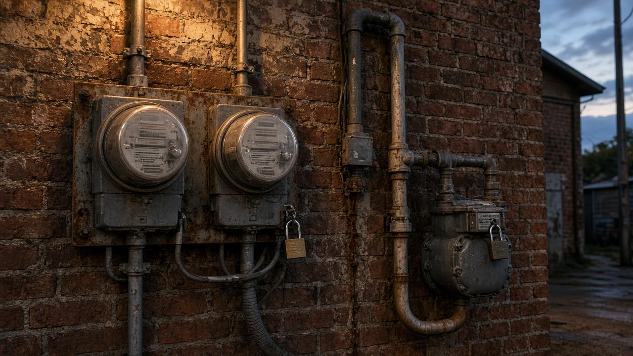 Commercial electric and gas meters on a brick alley wall at dusk.