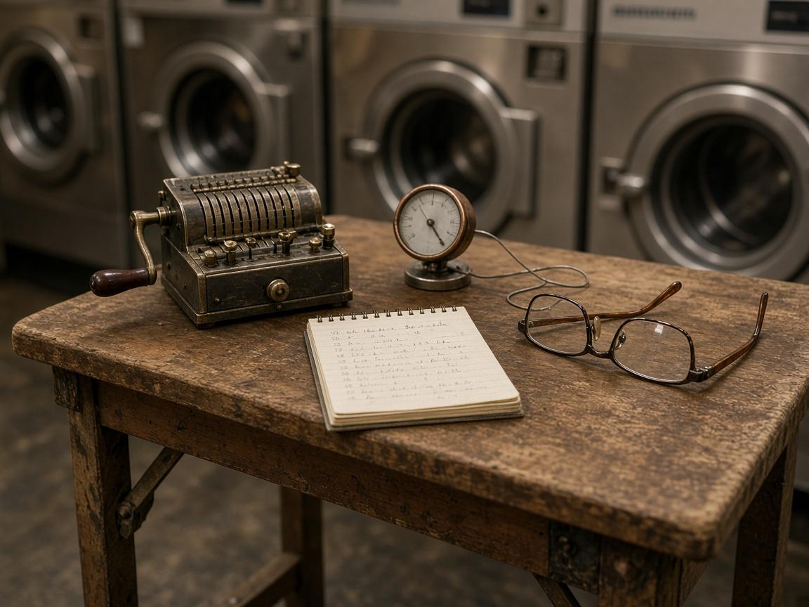 Calculator and notepad on a folding table inside a coin laundry.