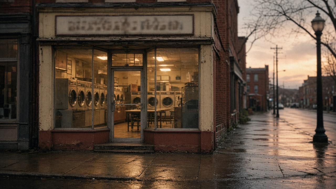Independent neighborhood coin laundry storefront at dawn with interior lights still on.